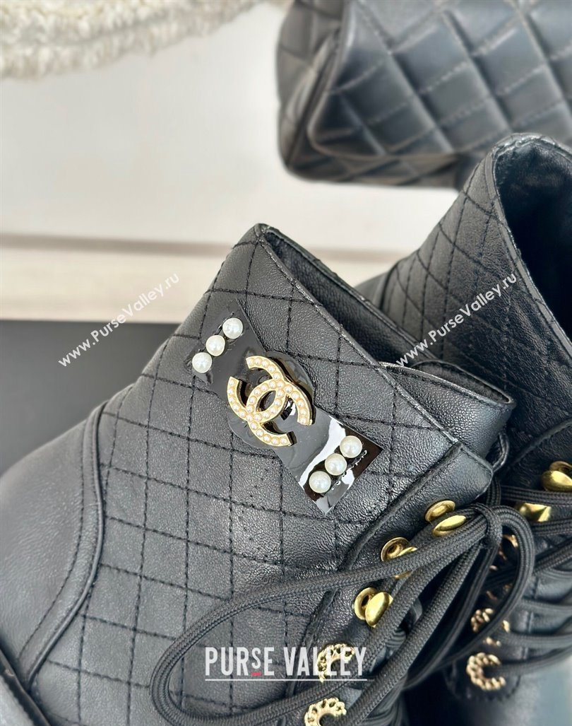 Chanel Quilted Calfskin Lace-up Platform Ankle Boots with Pearls CC Patch Black 2024 (MD-240909090)