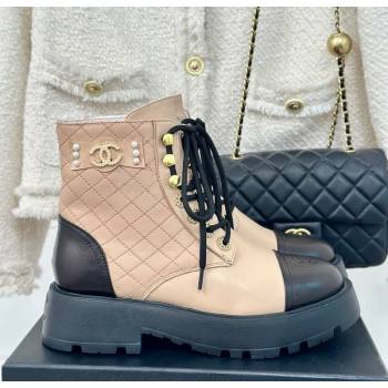 Chanel Quilted Calfskin Lace-up Platform Ankle Boots with Pearls CC Patch Beige 2024 (MD-240909091)