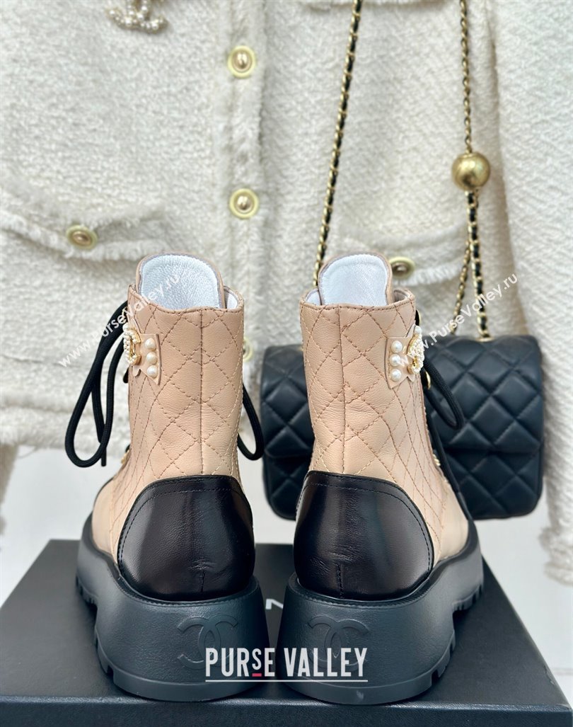 Chanel Quilted Calfskin Lace-up Platform Ankle Boots with Pearls CC Patch Beige 2024 (MD-240909091)