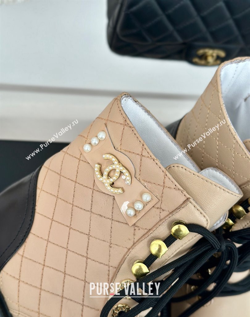 Chanel Quilted Calfskin Lace-up Platform Ankle Boots with Pearls CC Patch Beige 2024 (MD-240909091)