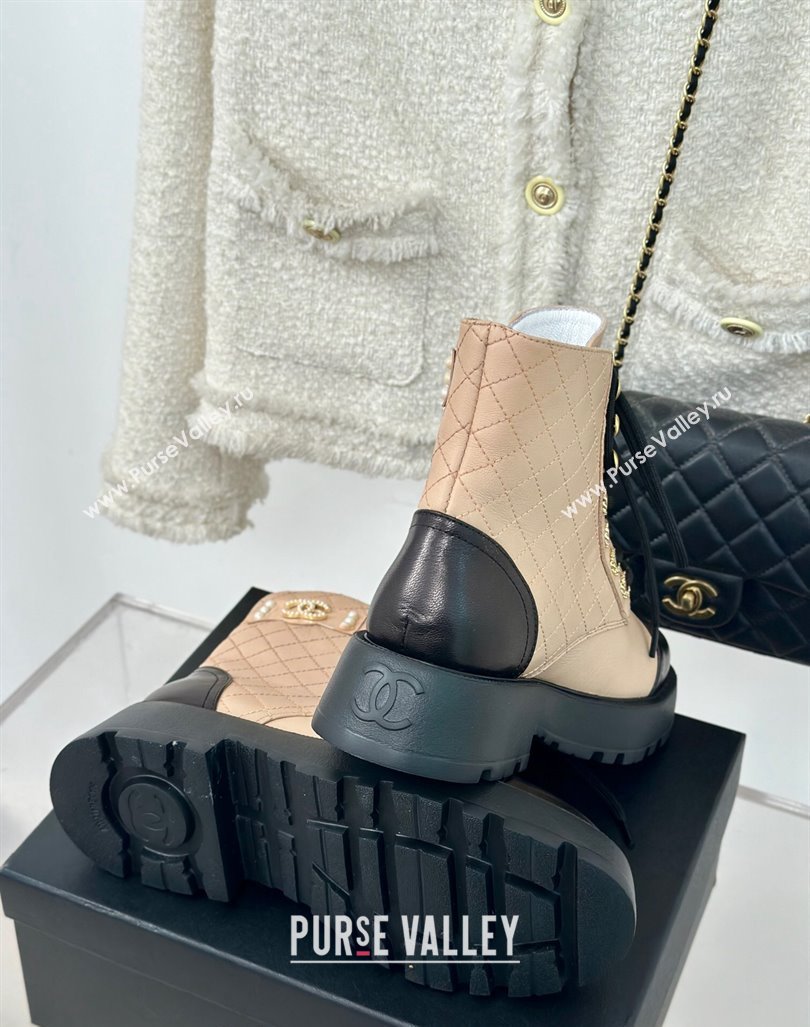 Chanel Quilted Calfskin Lace-up Platform Ankle Boots with Pearls CC Patch Beige 2024 (MD-240909091)