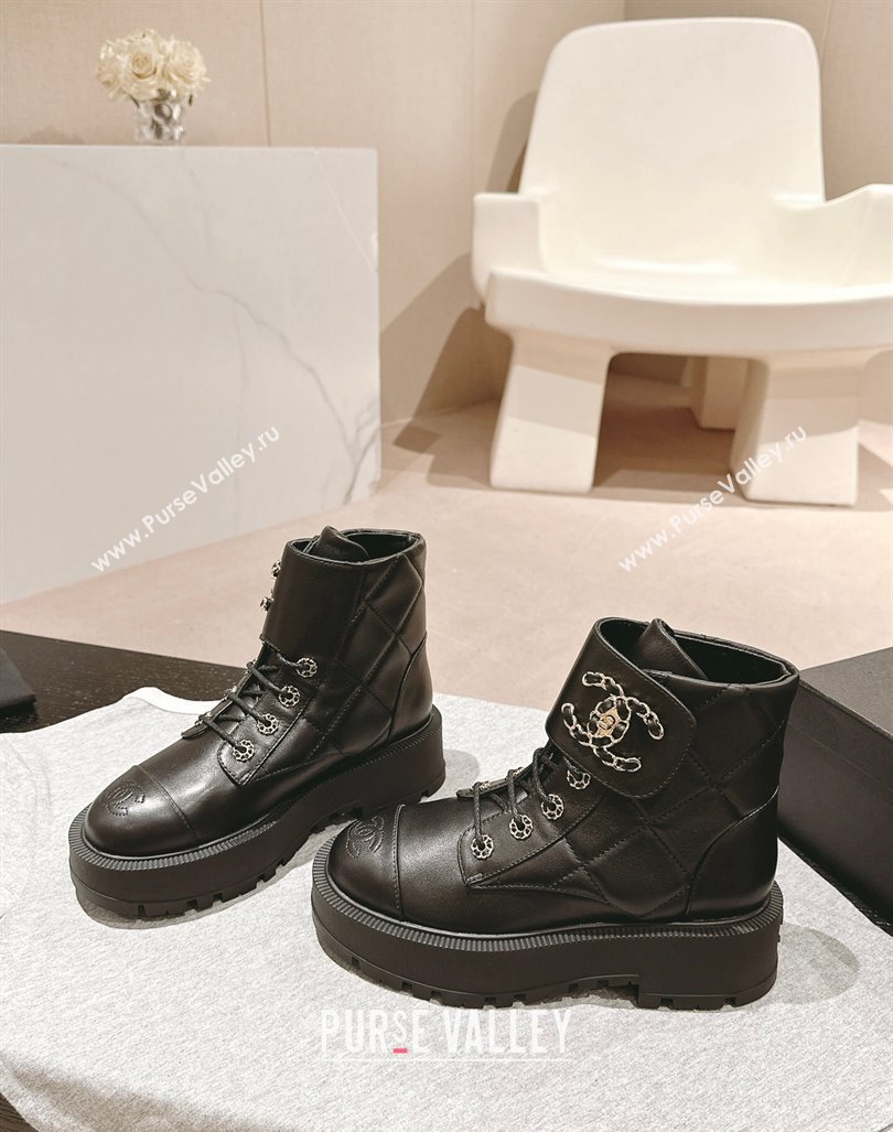 Chanel Quilted Calfskin Lace-up Platform Ankle Boots Black 2024 CH090903 (MD-240909045)