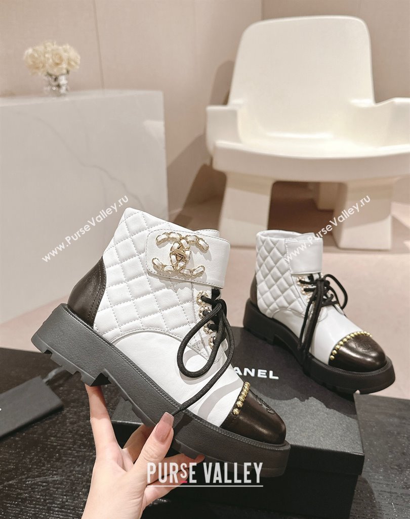 Chanel Quilted Calfskin Lace-up Platform Ankle Boots with Studs White 2024 0909 (MD-240909046)