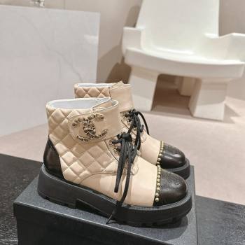 Chanel Quilted Calfskin Lace-up Platform Ankle Boots with Studs Beige 2024 0909 (MD-240909047)