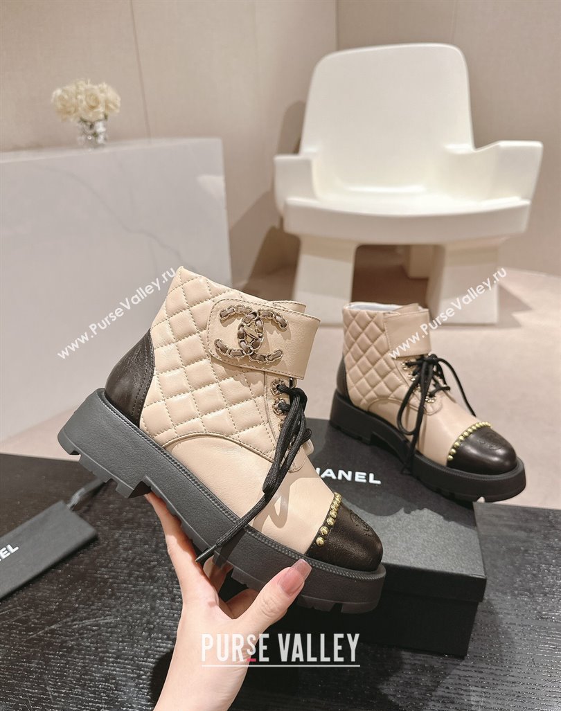 Chanel Quilted Calfskin Lace-up Platform Ankle Boots with Studs Beige 2024 0909 (MD-240909047)