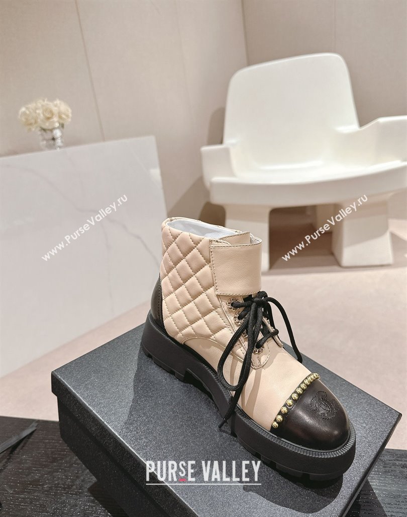 Chanel Quilted Calfskin Lace-up Platform Ankle Boots with Studs Beige 2024 0909 (MD-240909047)