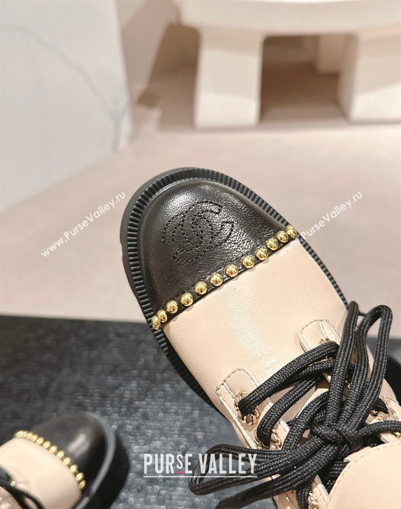 Chanel Quilted Calfskin Lace-up Platform Ankle Boots with Studs Beige 2024 0909 (MD-240909047)