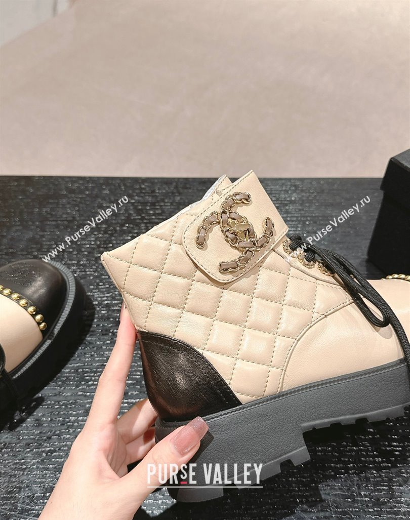 Chanel Quilted Calfskin Lace-up Platform Ankle Boots with Studs Beige 2024 0909 (MD-240909047)