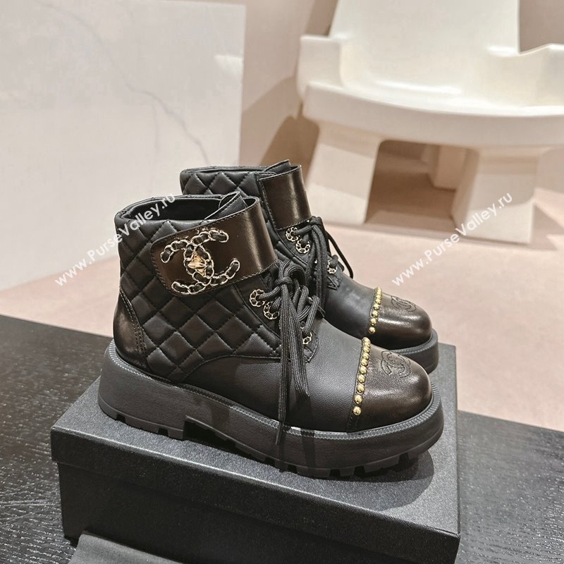 Chanel Quilted Calfskin Lace-up Platform Ankle Boots with Studs Black 2024 0909 (MD-240909048)