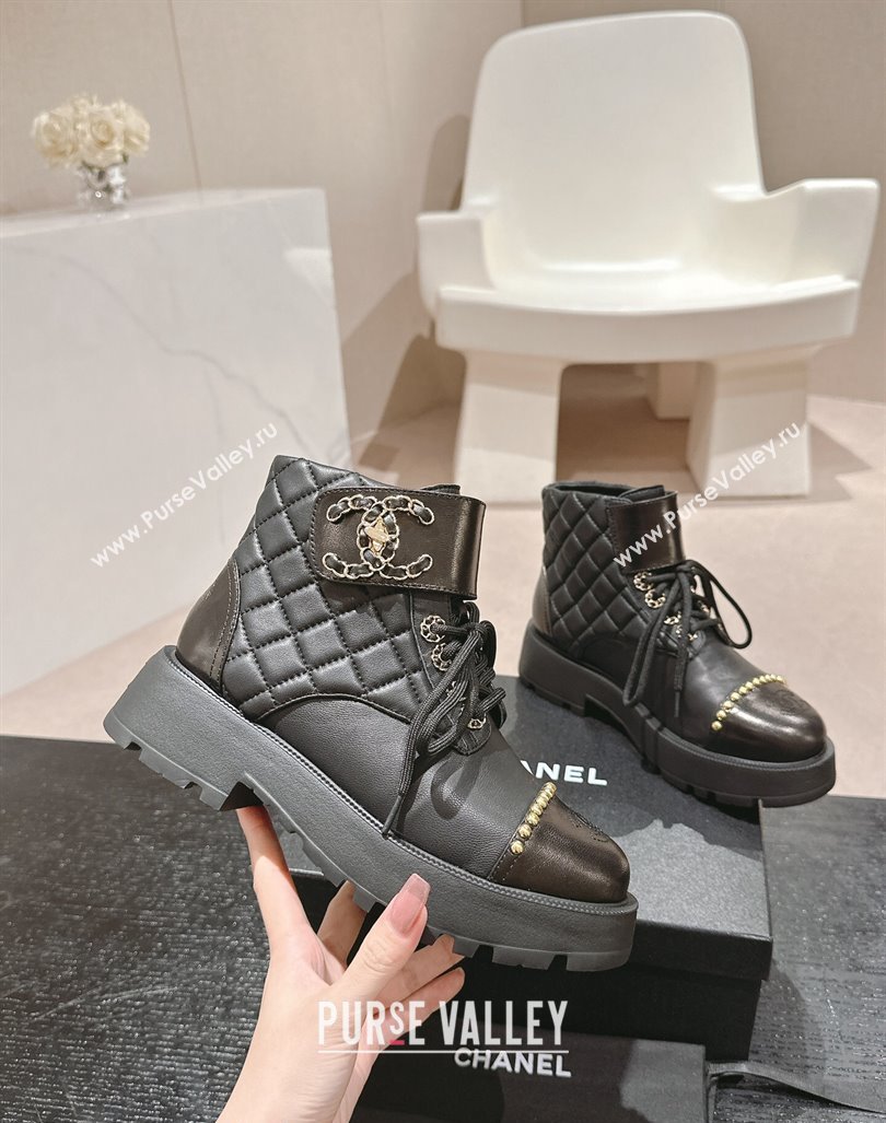 Chanel Quilted Calfskin Lace-up Platform Ankle Boots with Studs Black 2024 0909 (MD-240909048)