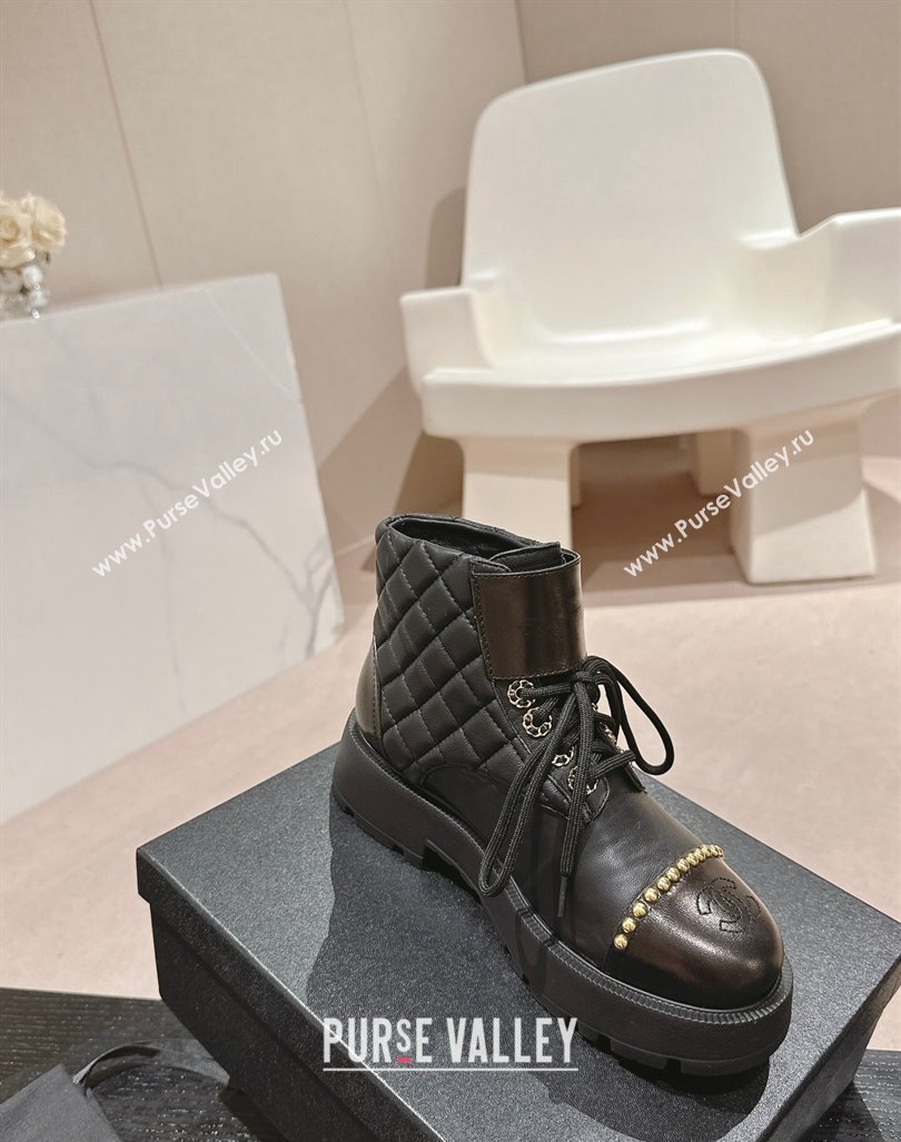 Chanel Quilted Calfskin Lace-up Platform Ankle Boots with Studs Black 2024 0909 (MD-240909048)