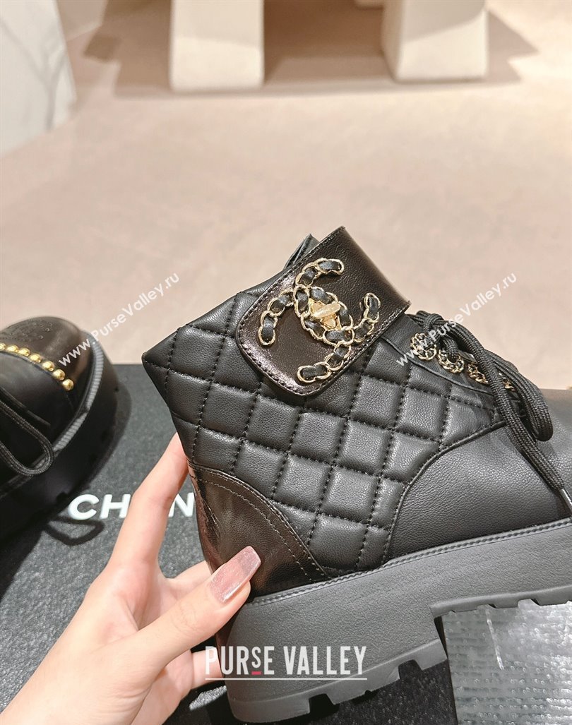 Chanel Quilted Calfskin Lace-up Platform Ankle Boots with Studs Black 2024 0909 (MD-240909048)