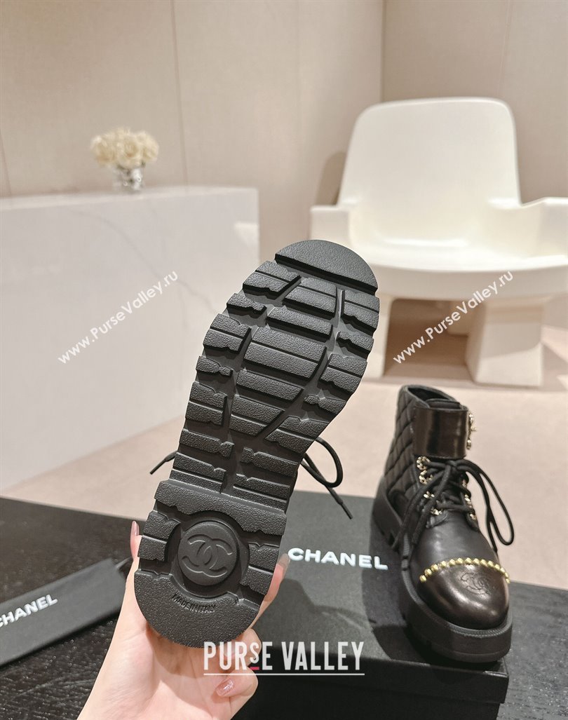 Chanel Quilted Calfskin Lace-up Platform Ankle Boots with Studs Black 2024 0909 (MD-240909048)