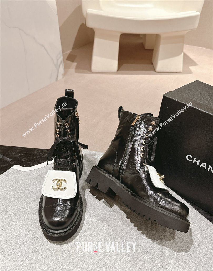 Chanel Shiny Calfskin Lace-up Platform Ankle Boots with Pocket Black/White 2024 (MD-240909094)