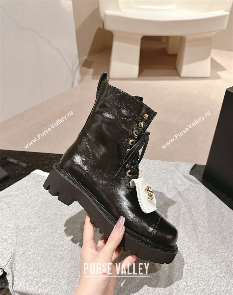 Chanel Shiny Calfskin Lace-up Platform Ankle Boots with Pocket Black/White 2024 (MD-240909094)