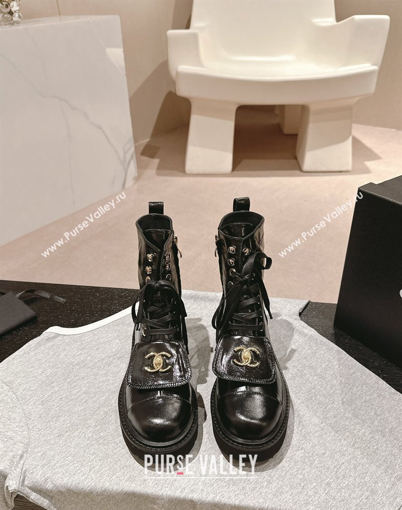 Chanel Shiny Calfskin Lace-up Platform Ankle Boots with Pocket Black2 2024 (MD-240909096)