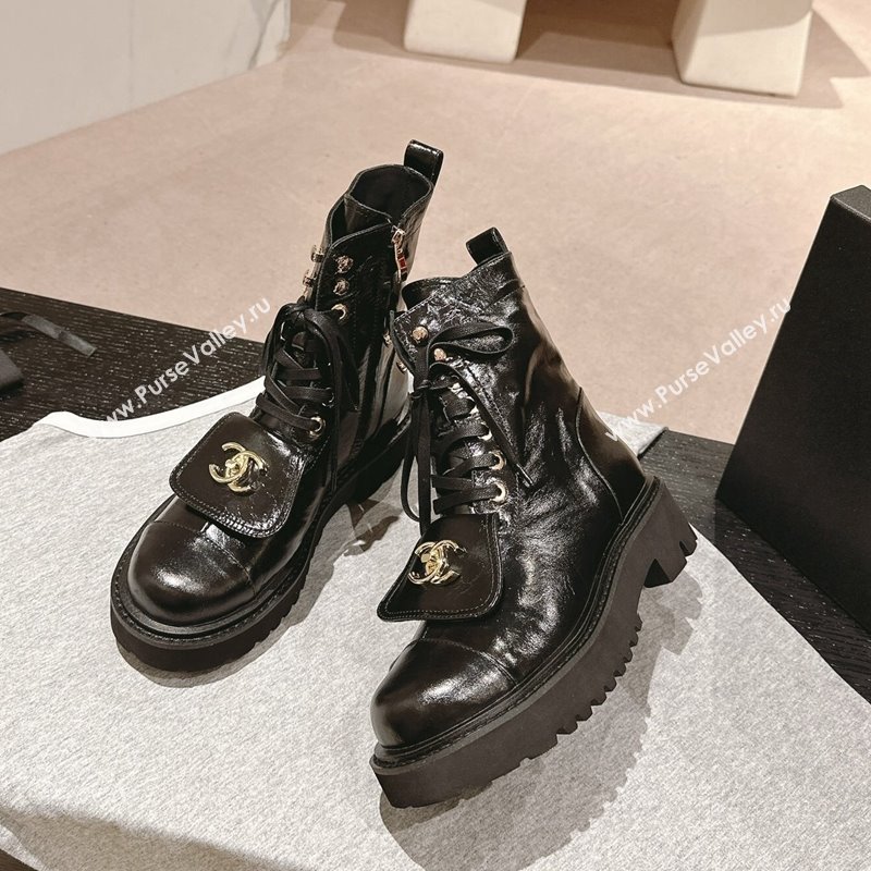 Chanel Shiny Calfskin Lace-up Platform Ankle Boots with Pocket Black2 2024 (MD-240909096)