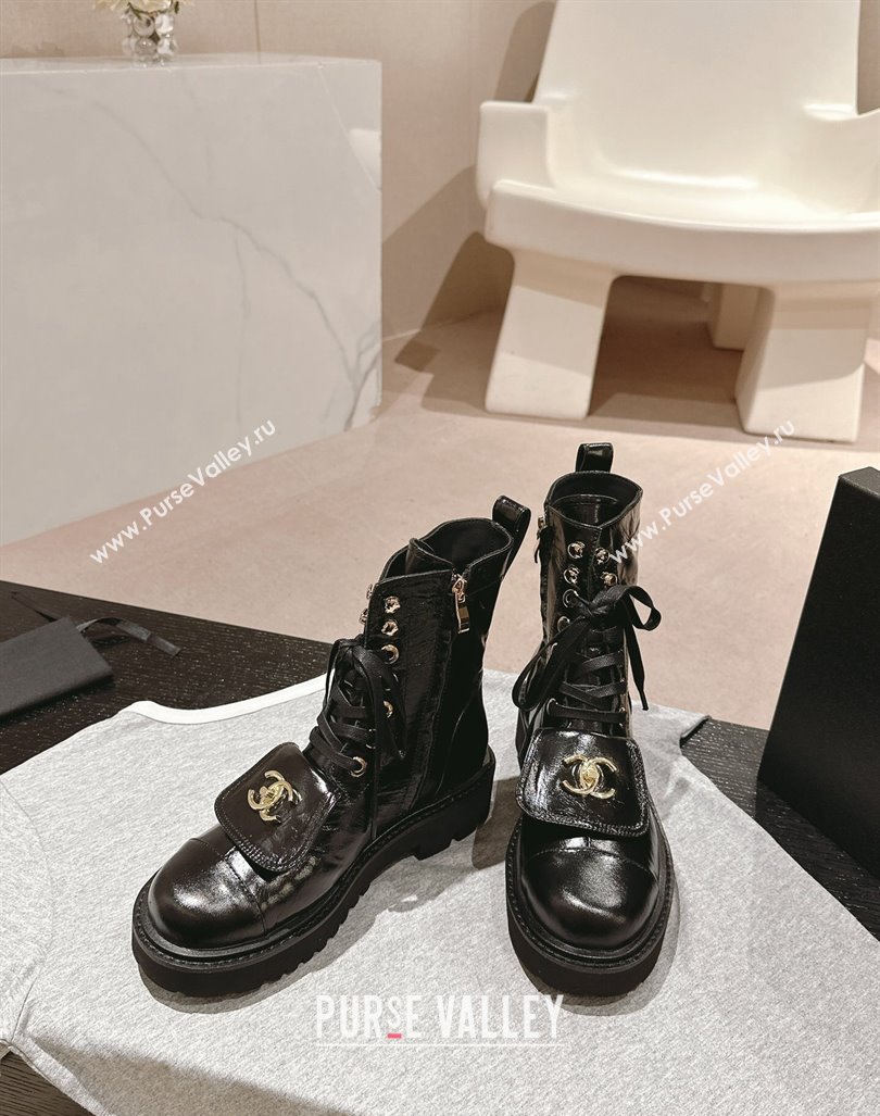 Chanel Shiny Calfskin Lace-up Platform Ankle Boots with Pocket Black2 2024 (MD-240909096)