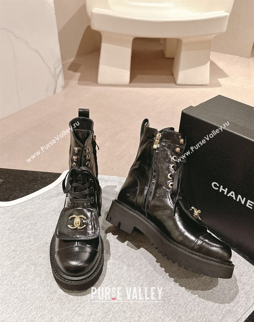 Chanel Shiny Calfskin Lace-up Platform Ankle Boots with Pocket Black2 2024 (MD-240909096)