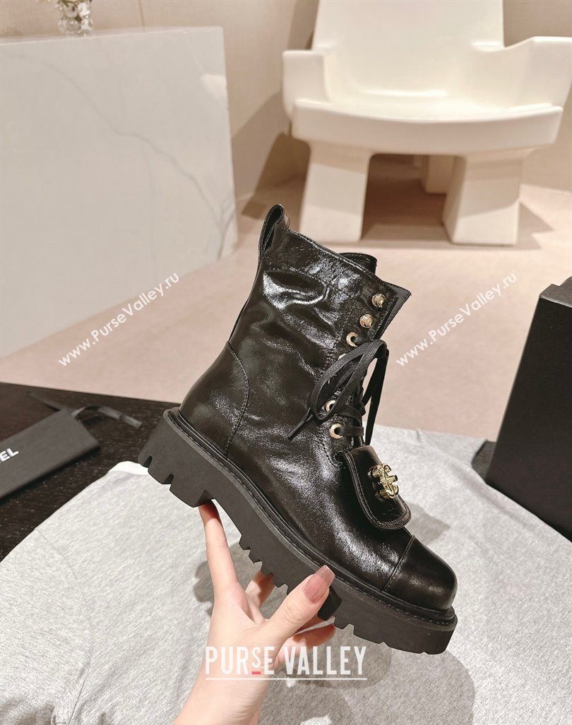 Chanel Shiny Calfskin Lace-up Platform Ankle Boots with Pocket Black2 2024 (MD-240909096)