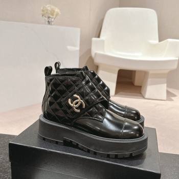 Chanel Quilted Patent Calfskin Leather Lace-up Platform Ankle Boots Black 2024 CH090802 (MD-240909041)