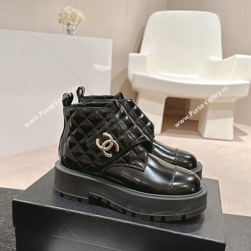 Chanel Quilted Patent Calfskin Leather Lace-up Platform Ankle Boots Black 2024 CH090802 (MD-240909041)