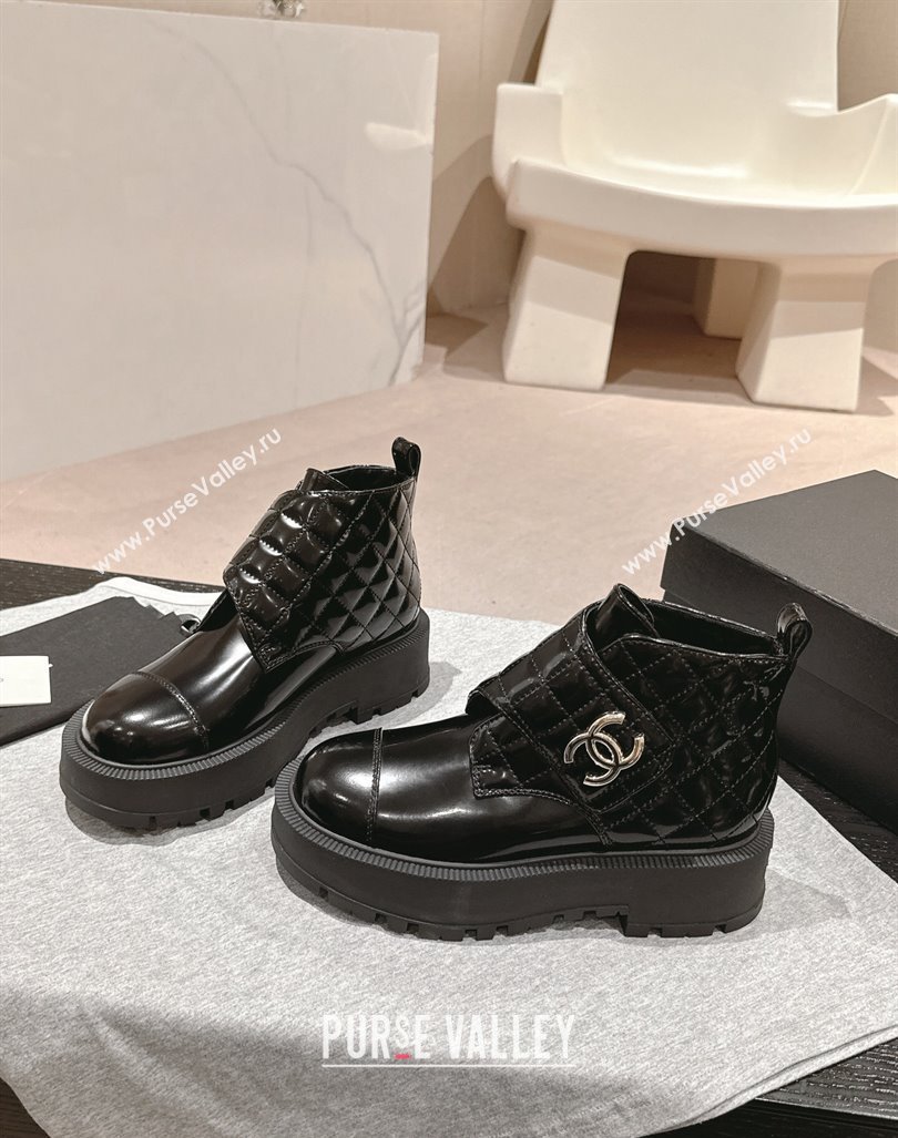 Chanel Quilted Patent Calfskin Leather Lace-up Platform Ankle Boots Black 2024 CH090802 (MD-240909041)