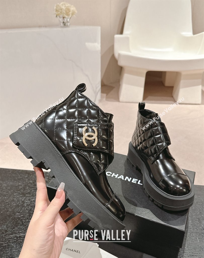 Chanel Quilted Patent Calfskin Leather Lace-up Platform Ankle Boots Black 2024 CH090802 (MD-240909041)