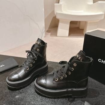 Chanel Calfskin Leather Lace-up Platform Ankle Boots Black 2024 CH090905 (MD-240909108)