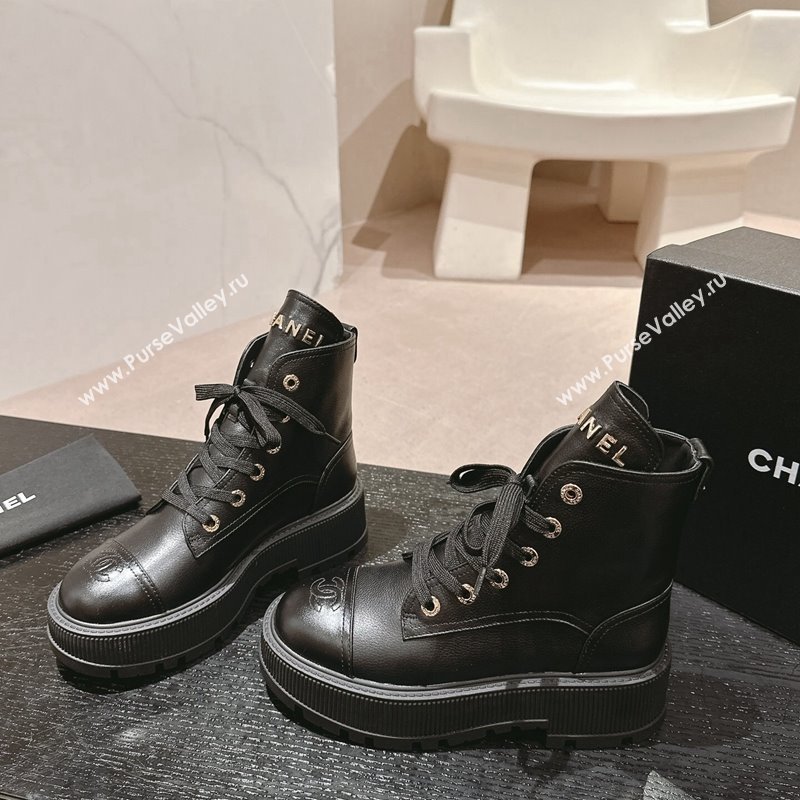 Chanel Calfskin Leather Lace-up Platform Ankle Boots Black 2024 CH090905 (MD-240909108)