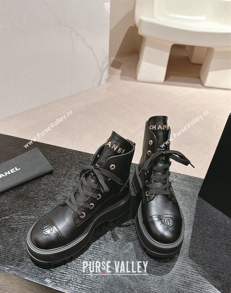 Chanel Calfskin Leather Lace-up Platform Ankle Boots Black 2024 CH090905 (MD-240909108)