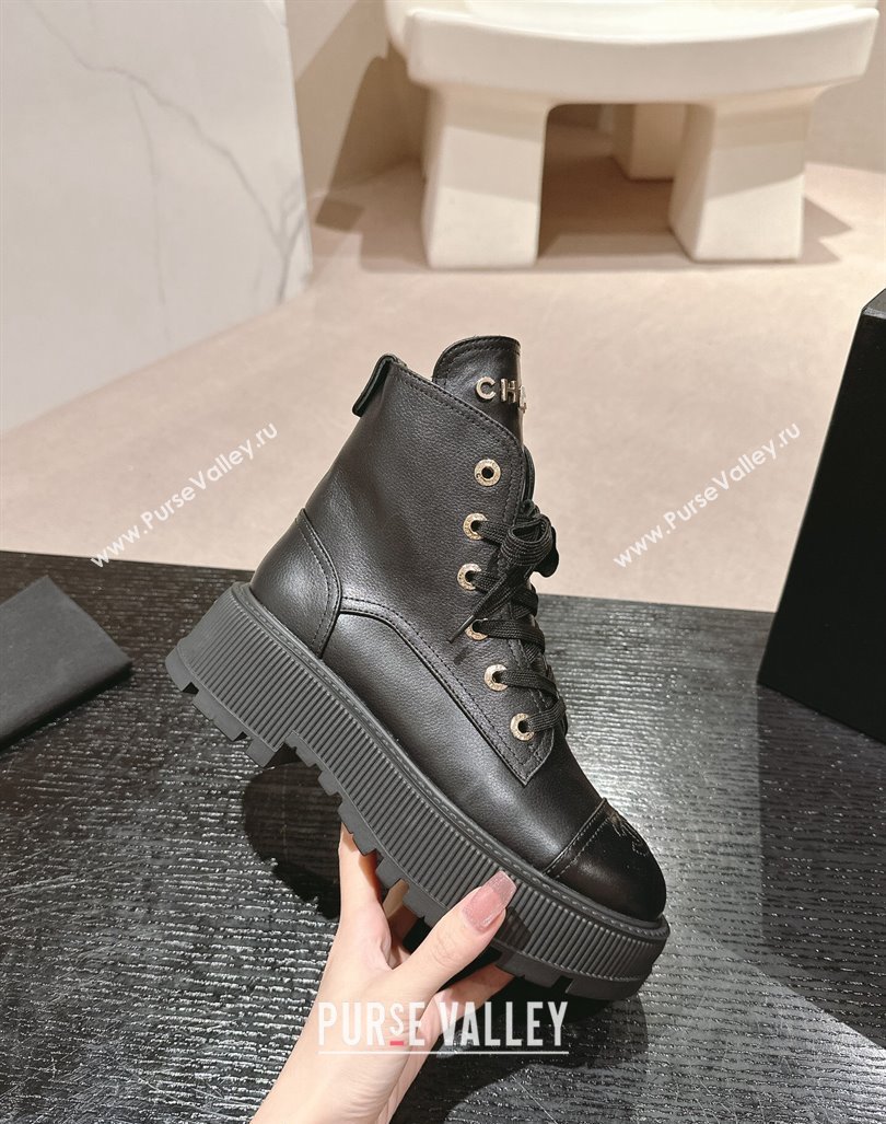 Chanel Calfskin Leather Lace-up Platform Ankle Boots Black 2024 CH090905 (MD-240909108)