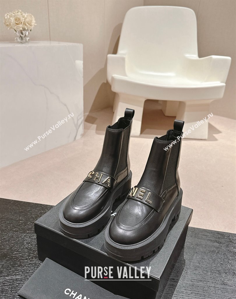 Chanel Calfskin Leather Chelsea Platform Ankle Boots with CHANEL Band Black 2024 (MD-240909109)