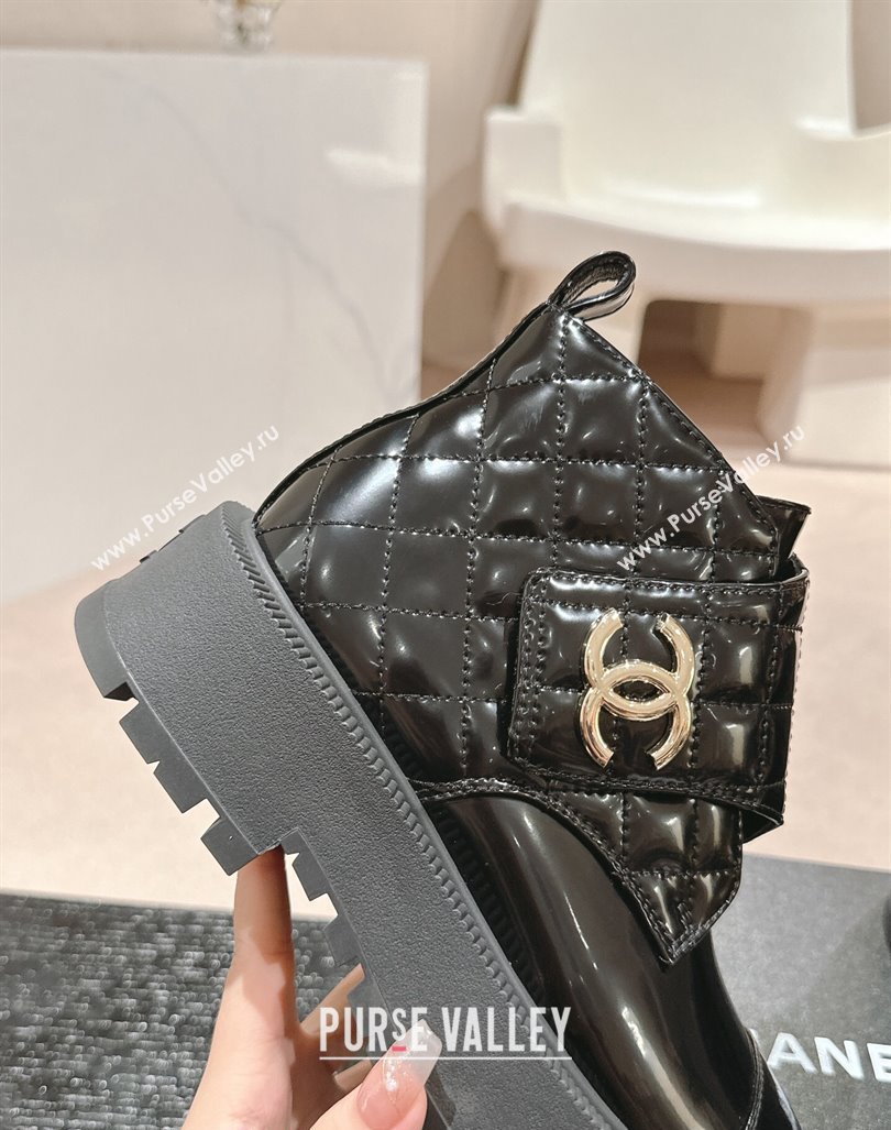 Chanel Quilted Patent Calfskin Leather Lace-up Platform Ankle Boots Black 2024 CH090802 (MD-240909041)