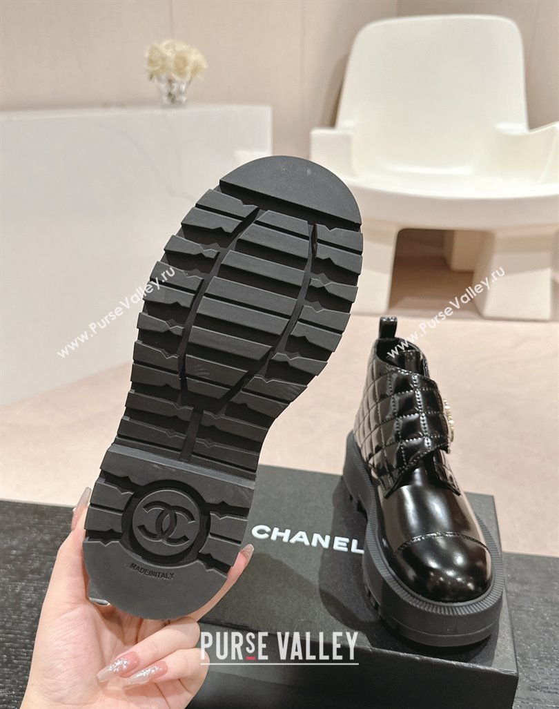 Chanel Quilted Patent Calfskin Leather Lace-up Platform Ankle Boots Black 2024 CH090802 (MD-240909041)