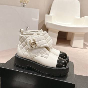 Chanel Quilted Calfskin Patent Lace-up Platform Ankle Boots White 2024 CH090802 (MD-240909042)