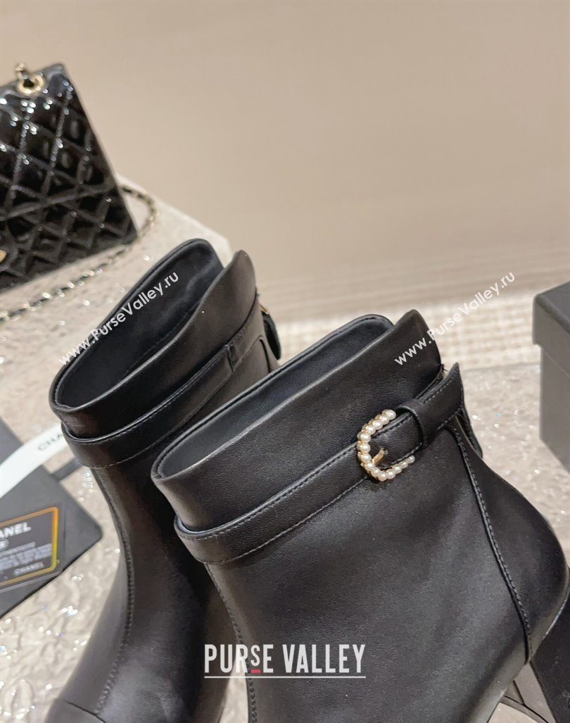 Chanel Calfskin Leather Heel Ankle Boots with Pearls Buckle Black 2024 CH090801 (MD-240909034)