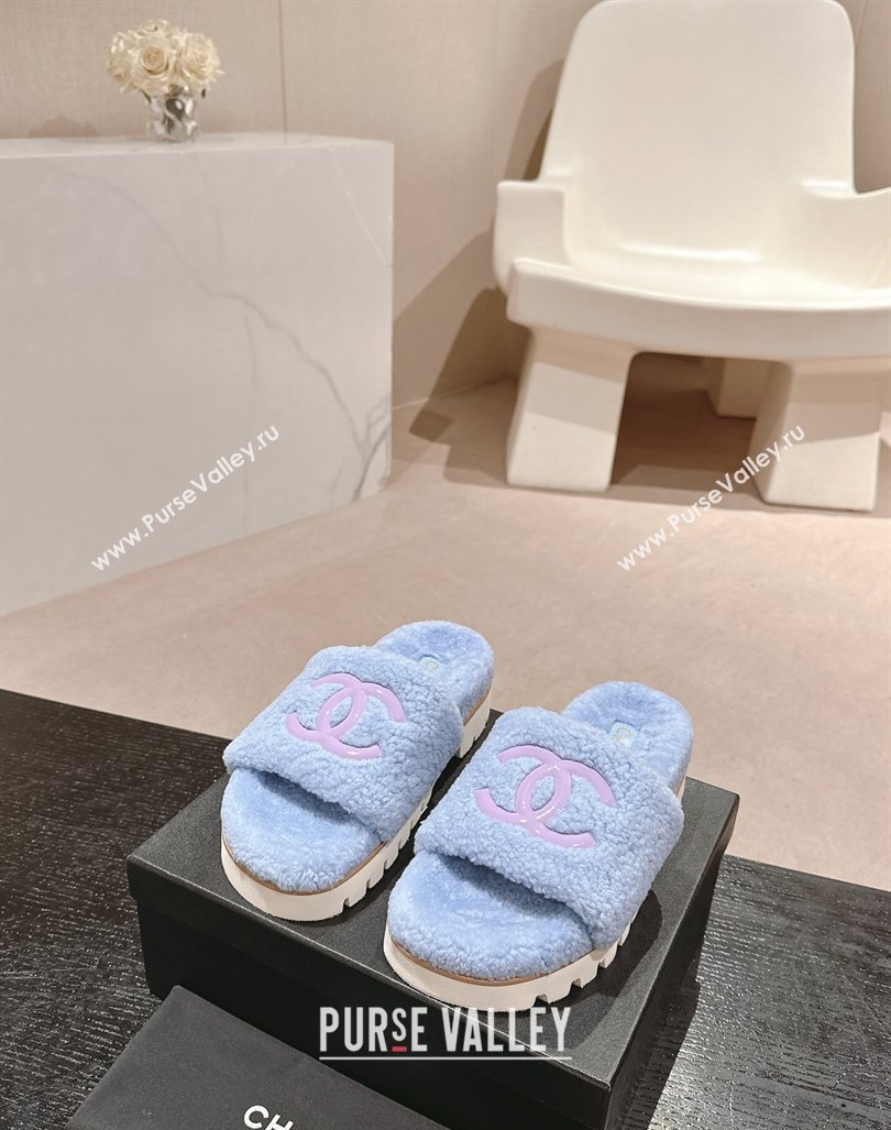 Chanel Wool Fur Platform Slides Sandal Blue 2024 CH090909 (MD-240909122)