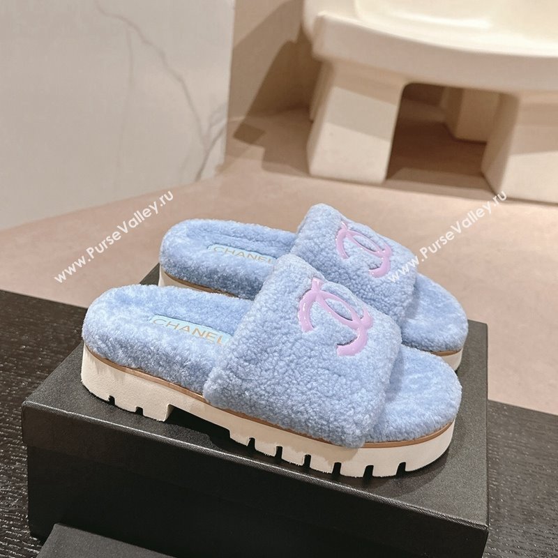 Chanel Wool Fur Platform Slides Sandal Blue 2024 CH090909 (MD-240909122)