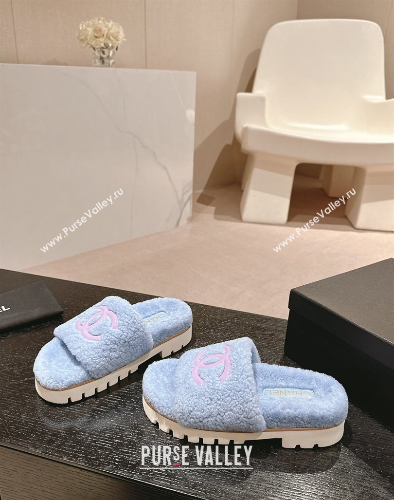 Chanel Wool Fur Platform Slides Sandal Blue 2024 CH090909 (MD-240909122)