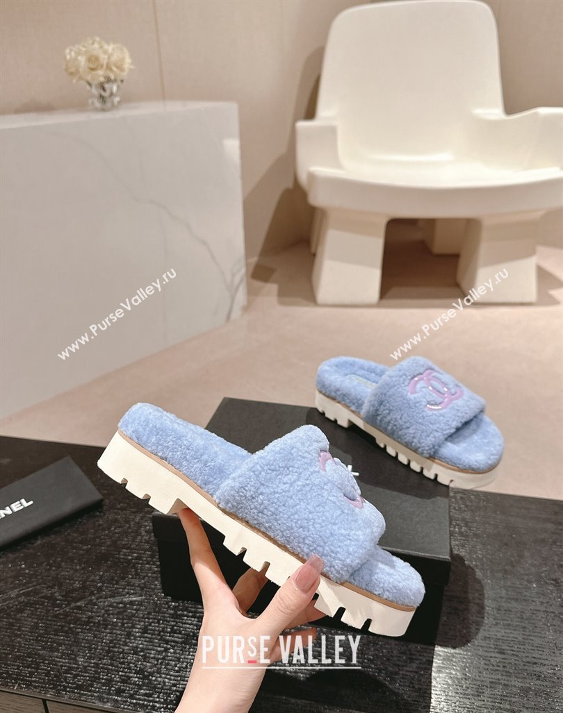 Chanel Wool Fur Platform Slides Sandal Blue 2024 CH090909 (MD-240909122)