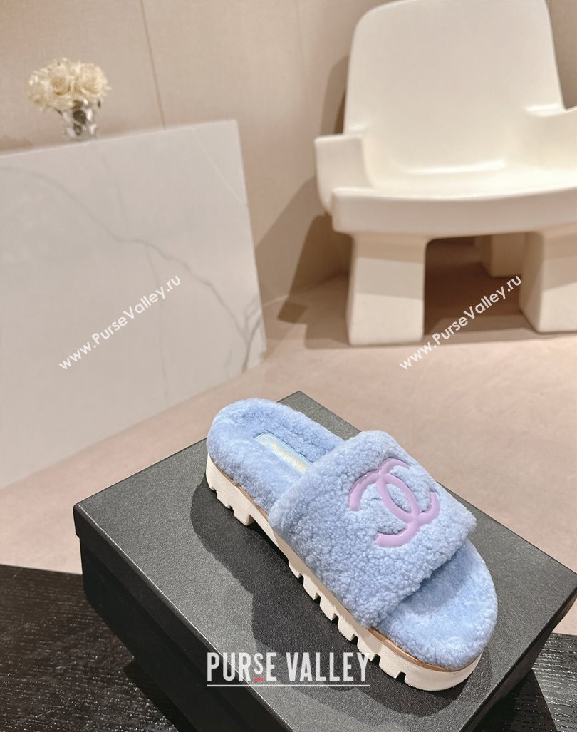 Chanel Wool Fur Platform Slides Sandal Blue 2024 CH090909 (MD-240909122)