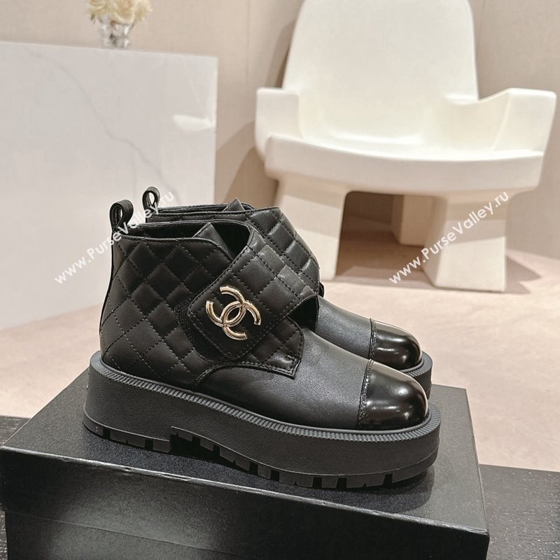 Chanel Quilted Calfskin Patent Lace-up Platform Ankle Boots Black 2024 CH090802 (MD-240909043)