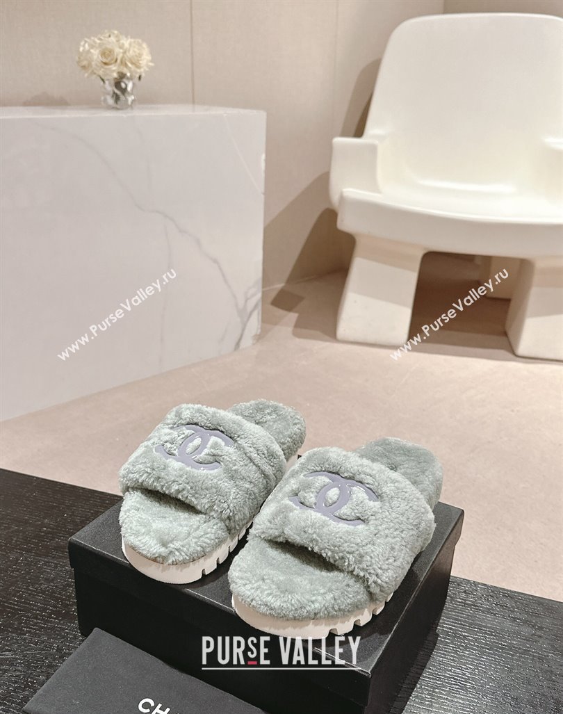 Chanel Wool Fur Platform Slides Sandal Dusty Green 2024 CH090909 (MD-240909125)