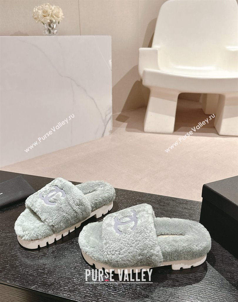 Chanel Wool Fur Platform Slides Sandal Dusty Green 2024 CH090909 (MD-240909125)