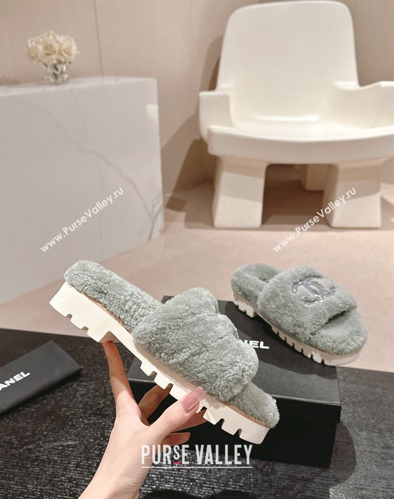 Chanel Wool Fur Platform Slides Sandal Dusty Green 2024 CH090909 (MD-240909125)