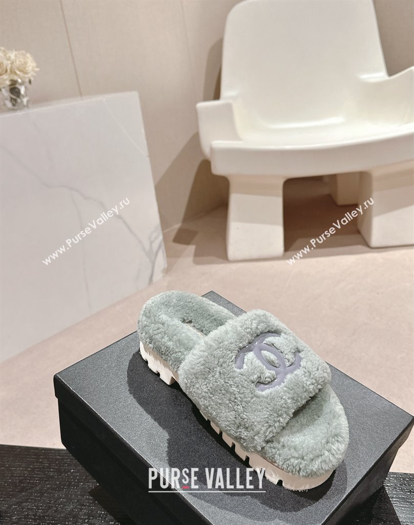 Chanel Wool Fur Platform Slides Sandal Dusty Green 2024 CH090909 (MD-240909125)