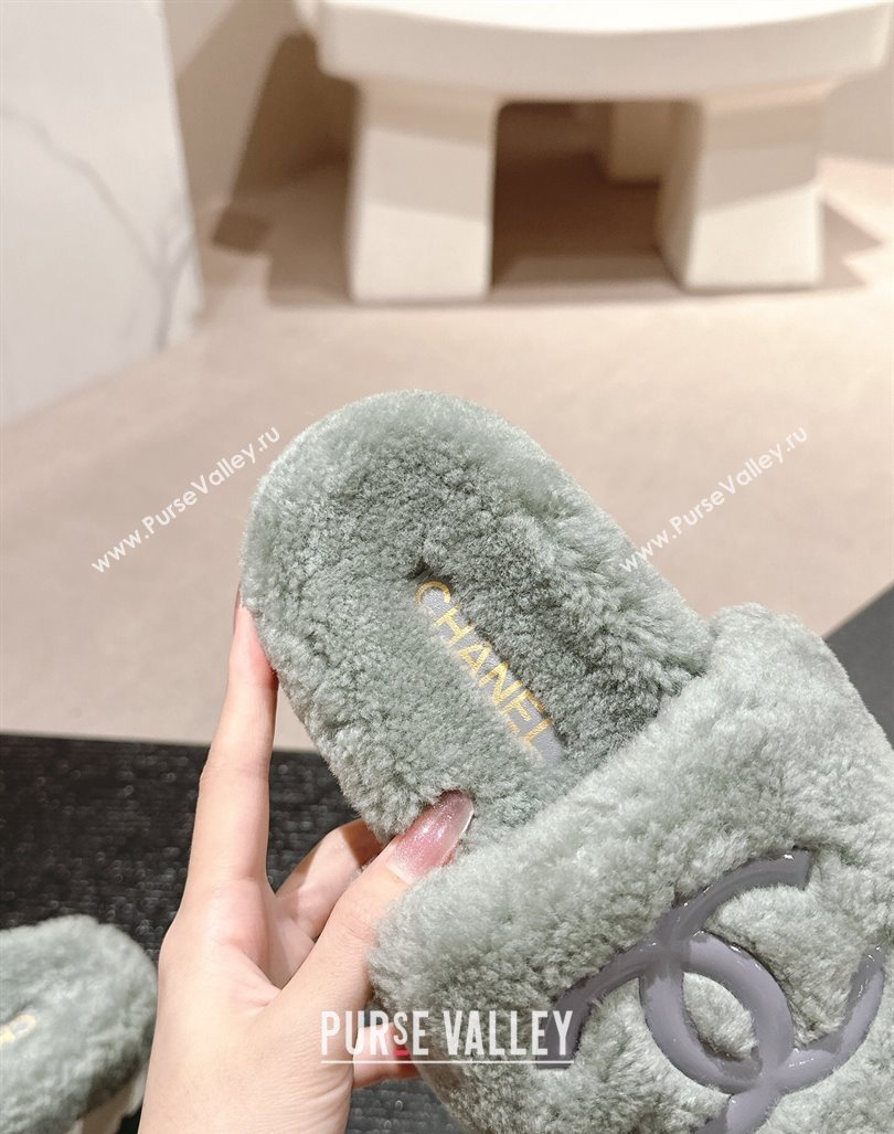 Chanel Wool Fur Platform Slides Sandal Dusty Green 2024 CH090909 (MD-240909125)