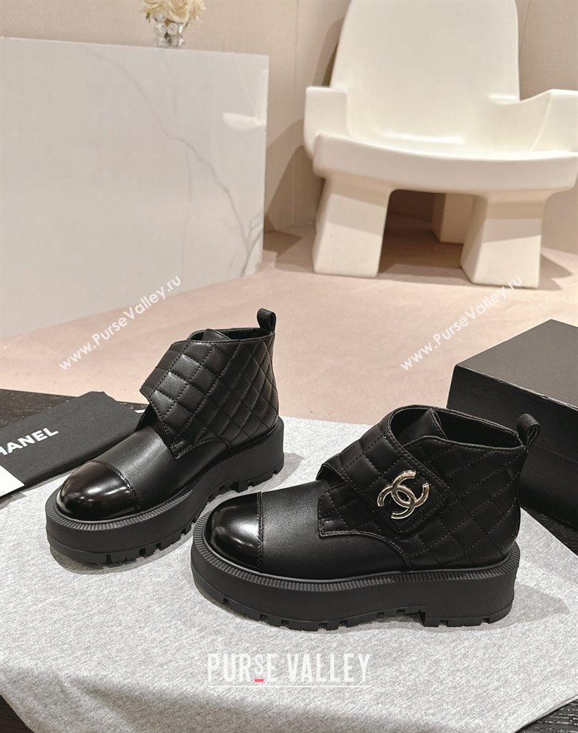 Chanel Quilted Calfskin Patent Lace-up Platform Ankle Boots Black 2024 CH090802 (MD-240909043)