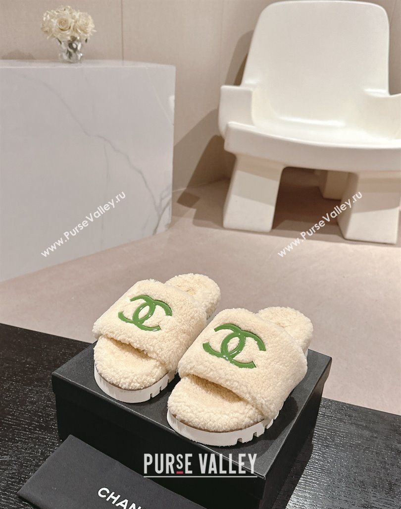 Chanel Wool Fur Platform Slides Sandal Beige 2024 CH090909 (MD-240909126)